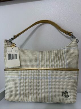 Vintage Ralph Lauren  Cream and gold Houndstooth Shoulder Bag with Gold Trim.